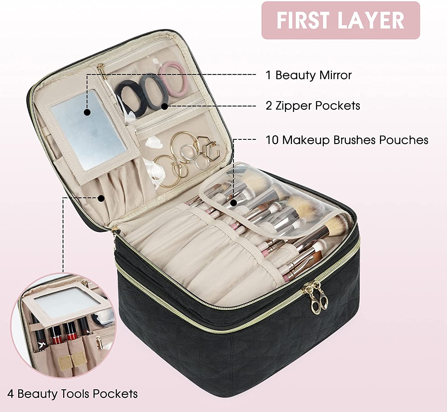 Large Capacity Cosmetic Bag, Travel Cosmetic Storage Bag with Handle,  Portable Zipper Cosmetic Bag Toiletry Bag Makeup Bag Large with  Compartments for