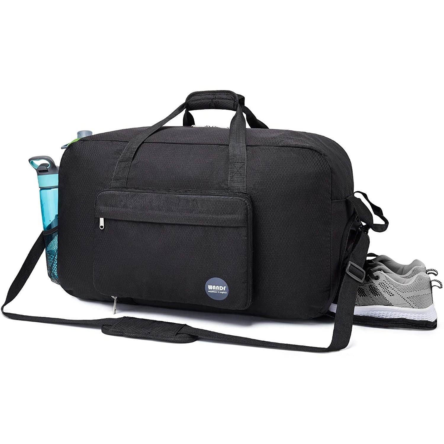 WANDF Foldable Travel Duffel Bag Luggage Sports Gym Water Resistant Nylon (Black)